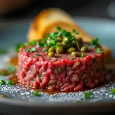 Biff tartar med kapris och persilja på en tallrik